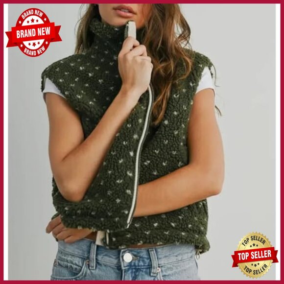 Large Polka Dot Fleece Vest Women Sleeveless High Neck Zipper Loose Fit - Picture 4 of 7